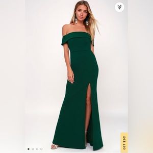 Lulus Aveline Forest Green Off the Shoulder Maxi Dress